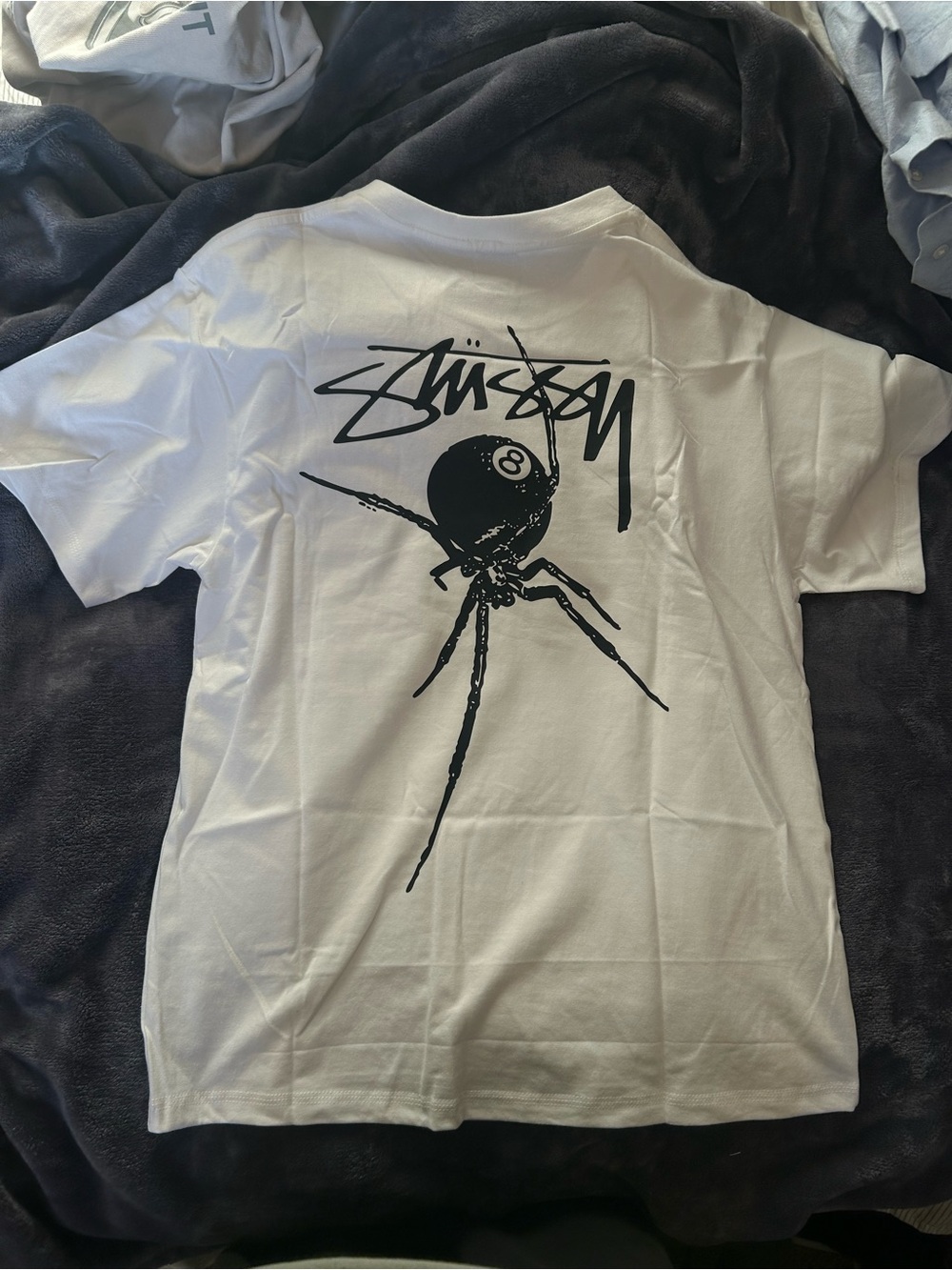 Stussy White Short-Sleeve Tee with Black Spider & Logo Back